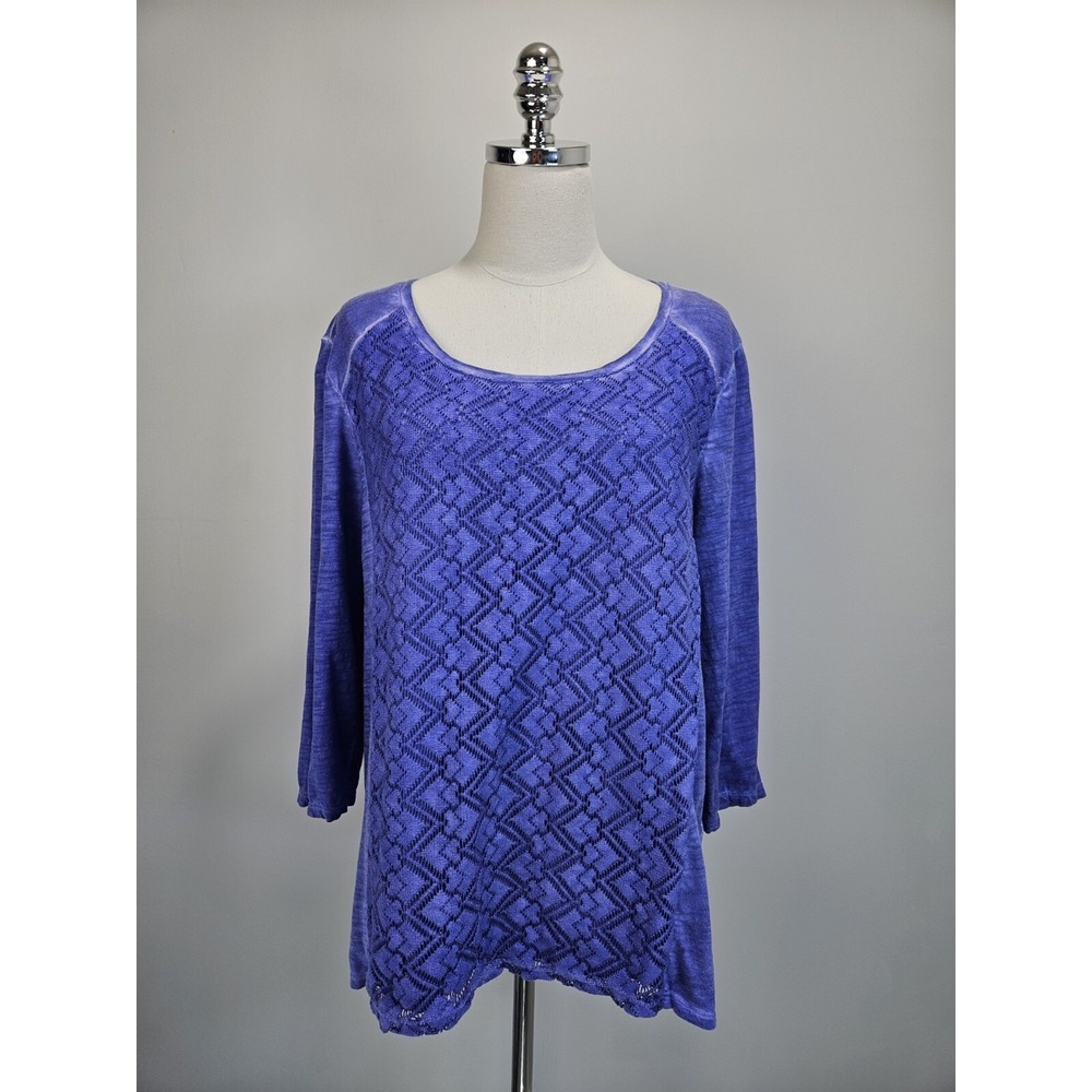 Chicos Blue Lace Front Knit Tunic Top 3/4 Sleeve Size 2 Large Periwinkle Slub